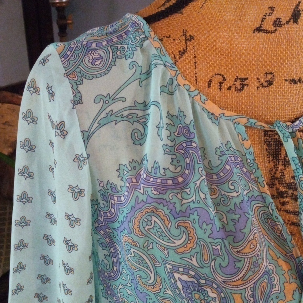 Ann Taylor Aqua and Lavender Paisley Print Boho Sheer Peasant Blouse - Picture 4 of 14